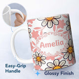 Personalized Custom Name Cute Kawaii Daisy Flowers Soft Pink Leaves Seamless Pattern Name 11oz Ceramic Coffee Tea Mug White Large Handle