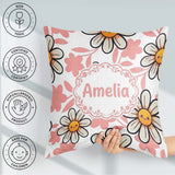 Custom Name Kawaii Daisy Flowers Soft Pink Seamless Pattern Name Square Filled Cushion Throw Pillow Sofa Bed Home Decor Zip Washable UK Made