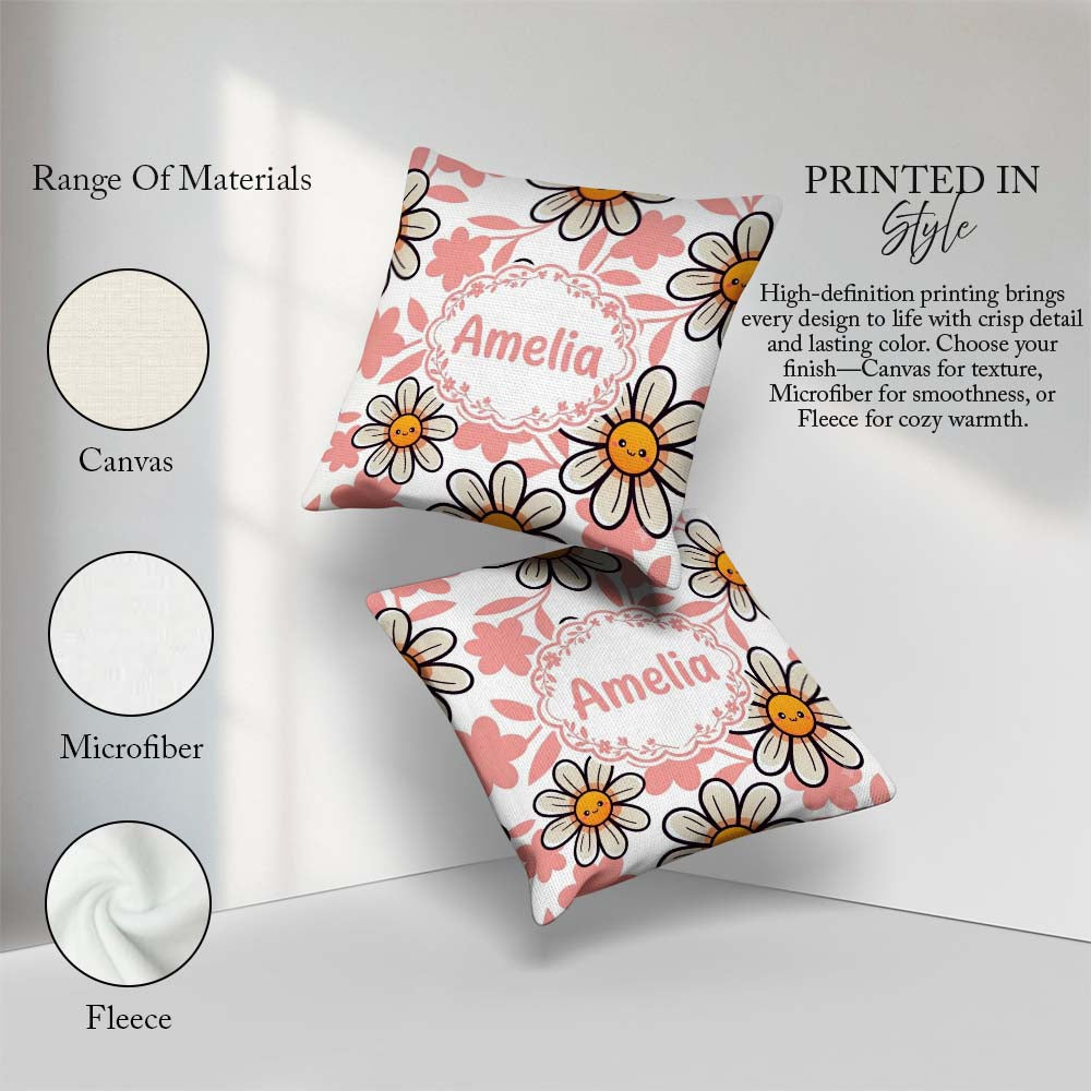 Custom Name Kawaii Daisy Flowers Soft Pink Seamless Pattern Name Square Filled Cushion Throw Pillow Sofa Bed Home Decor Zip Washable UK Made