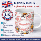 Personalized Custom Name Cute Kawaii Daisy Flowers Soft Pink Leaves Seamless Pattern Name 11oz Ceramic Coffee Tea Mug White Large Handle