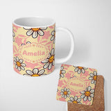 Personalized Custom Name Cute Kawaii Daisy Flowers Warm Beige Leaves Seamless Pattern Name 11oz Ceramic Coffee Tea Mug White Large Handle