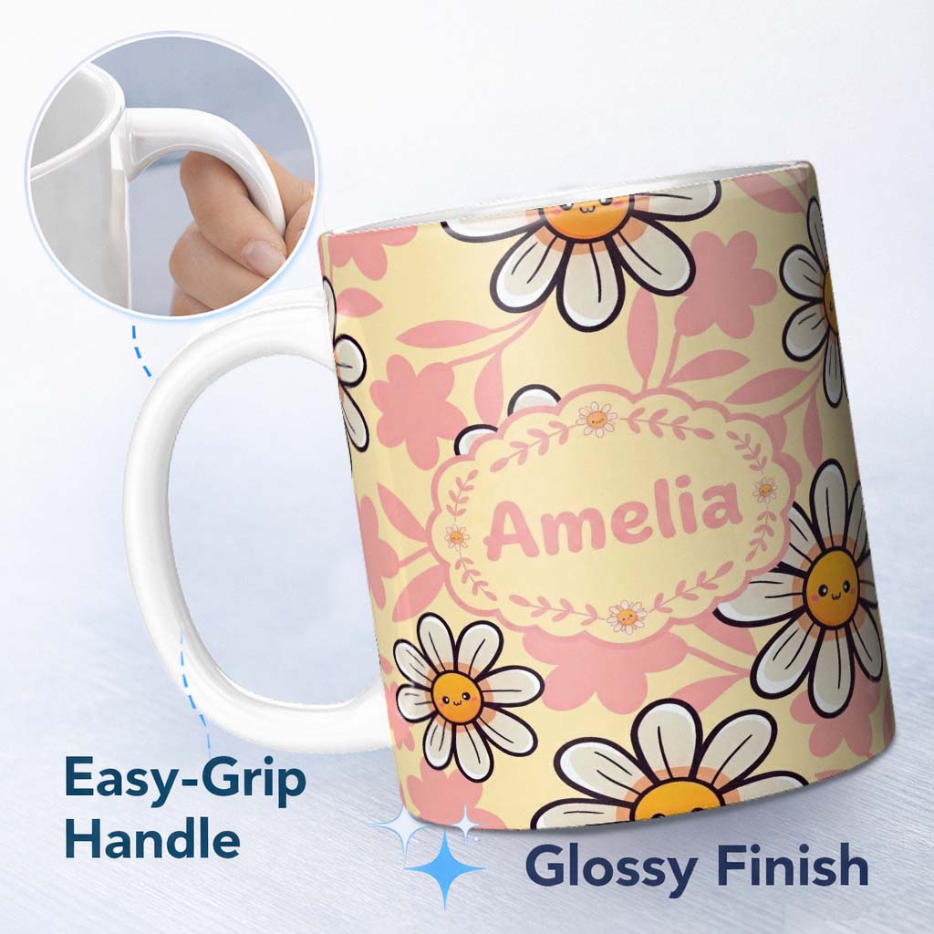 Personalized Custom Name Cute Kawaii Daisy Flowers Warm Beige Leaves Seamless Pattern Name 11oz Ceramic Coffee Tea Mug White Large Handle