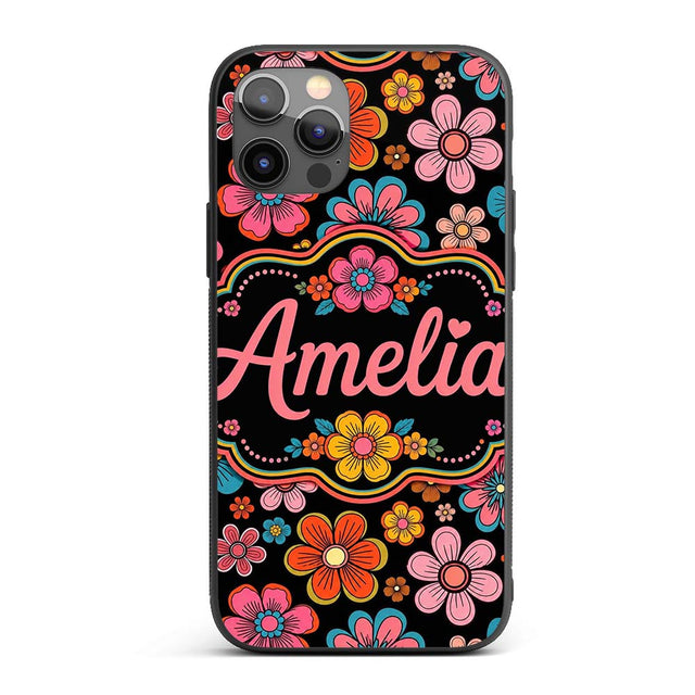 Cute Multicolor Floral Bloom Black Background Custom Name Protective Phone Case Mobile Cover Durable Everyday Smartphone Shock Resistant