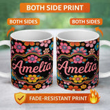 Personalized Custom Name Cute Multicolor Floral Bloom Black Background Seamless Pattern 11oz Ceramic Coffee Tea Mug White Large Handle