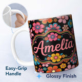 Personalized Custom Name Cute Multicolor Floral Bloom Black Background Seamless Pattern 11oz Ceramic Coffee Tea Mug White Large Handle