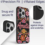 Cute Multicolor Floral Bloom Black Background Custom Name Protective Phone Case Mobile Cover Durable Everyday Smartphone Shock Resistant