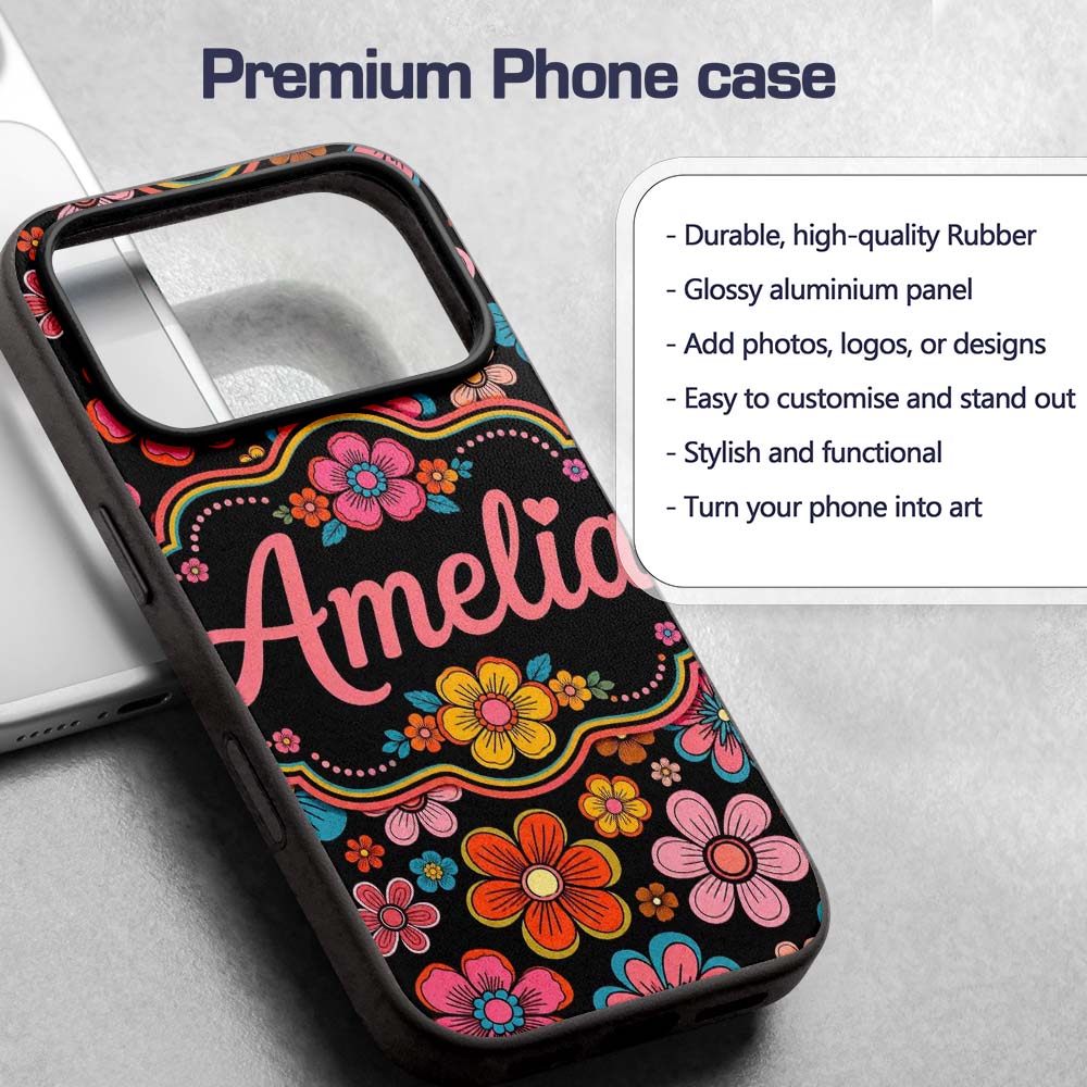 Cute Multicolor Floral Bloom Black Background Custom Name Protective Phone Case Mobile Cover Durable Everyday Smartphone Shock Resistant