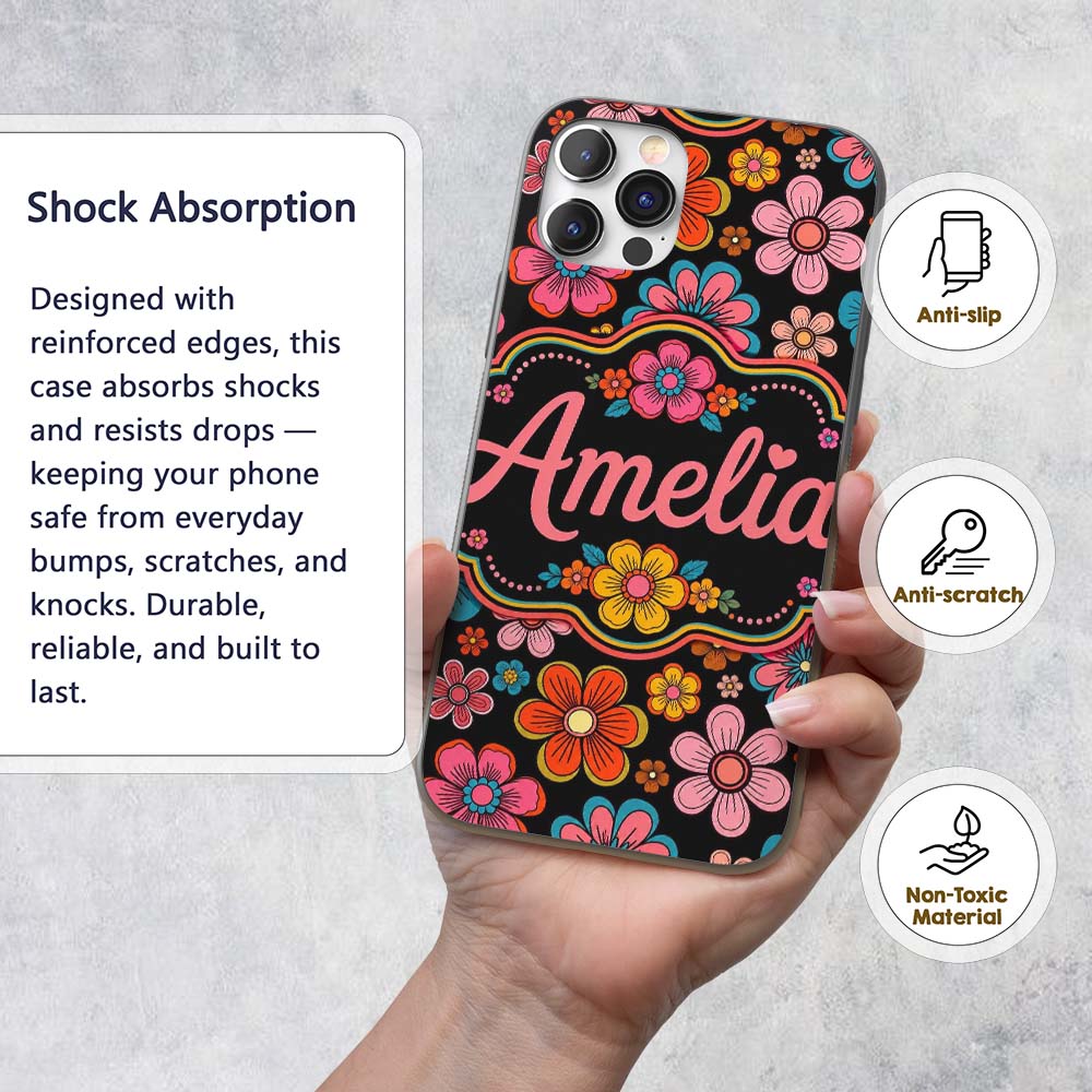 Cute Multicolor Floral Bloom Black Background Custom Name Protective Phone Case Mobile Cover Durable Everyday Smartphone Shock Resistant