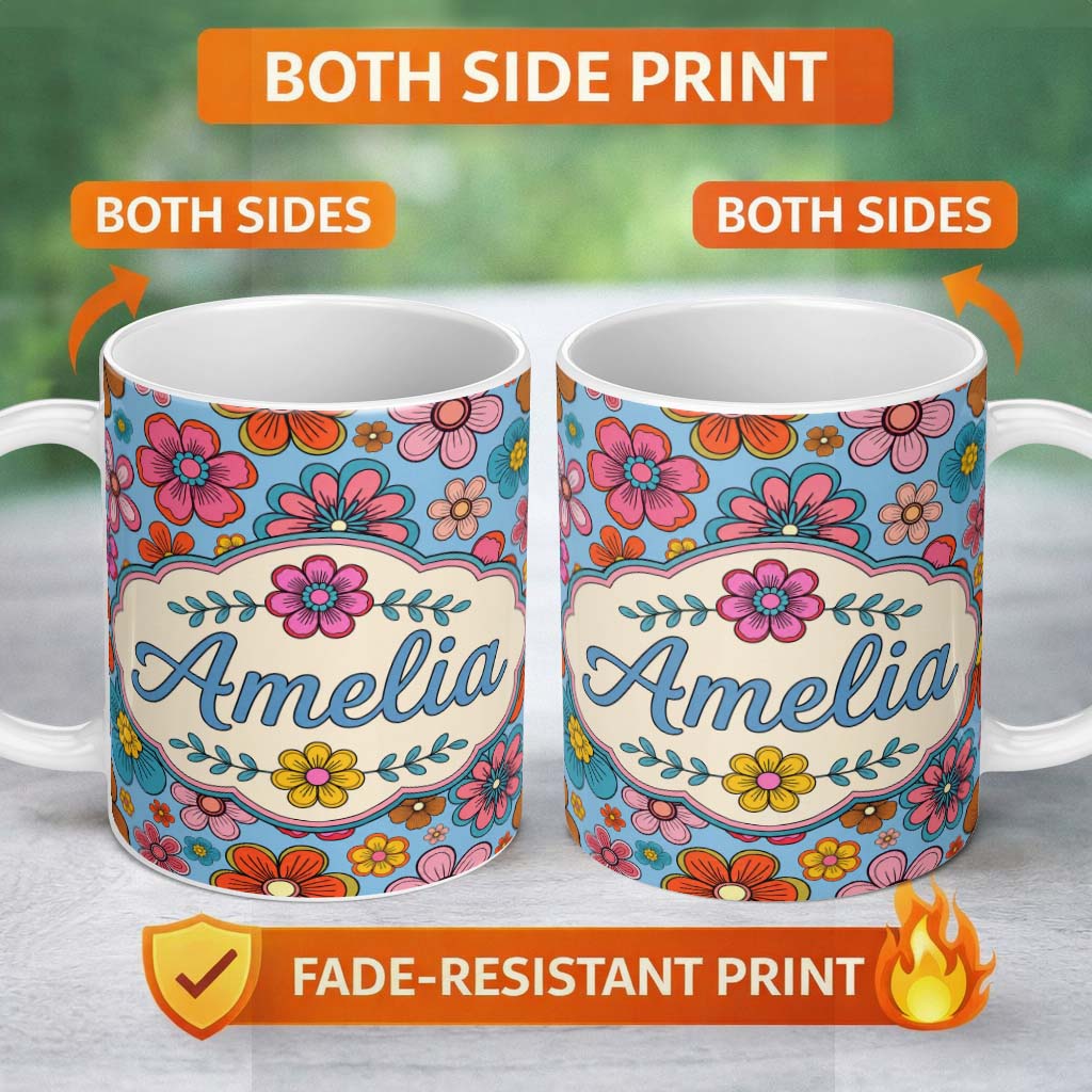 Personalized Custom Name Cute Multicolor Floral Bloom Blue Background Seamless Pattern Name 11oz Ceramic Coffee Tea Mug White Large Handle