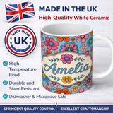 Personalized Custom Name Cute Multicolor Floral Bloom Blue Background Seamless Pattern Name 11oz Ceramic Coffee Tea Mug White Large Handle