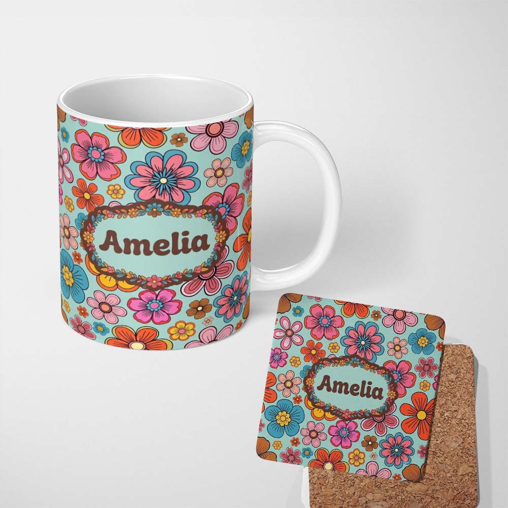 Personalized Custom Name Cute Multicolor Floral Bloom Mint Green Seamless Pattern Name 11oz Ceramic Coffee Tea Mug White Large Handle