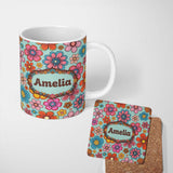 Personalized Custom Name Cute Multicolor Floral Bloom Mint Green Seamless Pattern Name 11oz Ceramic Coffee Tea Mug White Large Handle