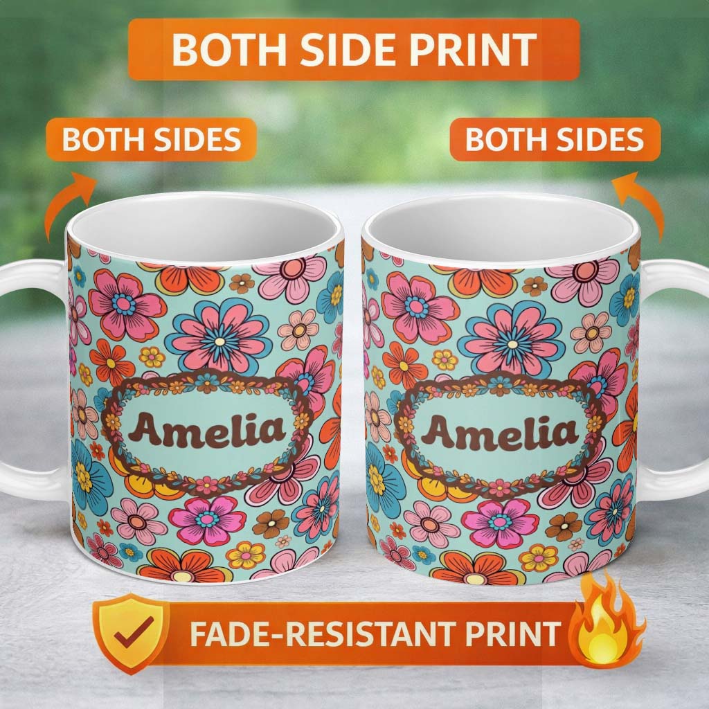 Personalized Custom Name Cute Multicolor Floral Bloom Mint Green Seamless Pattern Name 11oz Ceramic Coffee Tea Mug White Large Handle