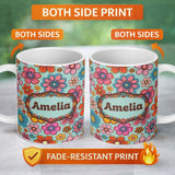 Personalized Custom Name Cute Multicolor Floral Bloom Mint Green Seamless Pattern Name 11oz Ceramic Coffee Tea Mug White Large Handle