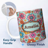 Personalized Custom Name Cute Multicolor Floral Bloom Mint Green Seamless Pattern Name 11oz Ceramic Coffee Tea Mug White Large Handle