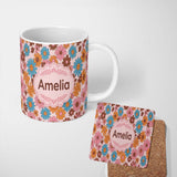 Personalized Custom Name Cute Multicolor Floral Bloom Soft Pink Seamless Pattern Name Unique 11oz Ceramic Coffee Tea Mug White Large Handle