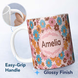 Personalized Custom Name Cute Multicolor Floral Bloom Soft Pink Seamless Pattern Name Unique 11oz Ceramic Coffee Tea Mug White Large Handle