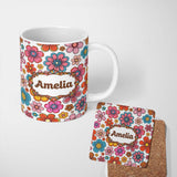 Personalized Custom Name Cute Multicolor Floral Bloom Light Grey Seamless Pattern Name 11oz Ceramic Coffee Tea Mug White Large Handle