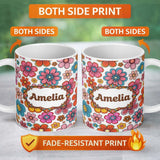 Personalized Custom Name Cute Multicolor Floral Bloom Light Grey Seamless Pattern Name 11oz Ceramic Coffee Tea Mug White Large Handle