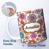 Personalized Custom Name Cute Multicolor Floral Bloom Light Grey Seamless Pattern Name 11oz Ceramic Coffee Tea Mug White Large Handle