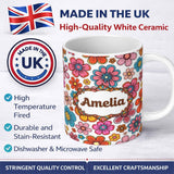Personalized Custom Name Cute Multicolor Floral Bloom Light Grey Seamless Pattern Name 11oz Ceramic Coffee Tea Mug White Large Handle