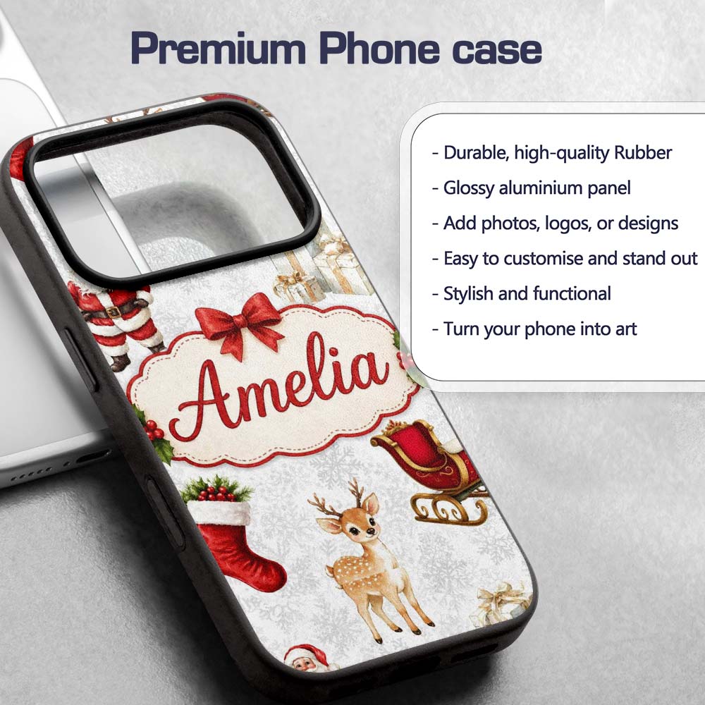 Cute Christmas Santa Reindeer Printed Design Custom Name Protective Phone Case Mobile Cover Durable Everyday Smartphone Shock Resistant