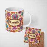 Personalized Custom Name Cute Multicolor Floral Bloom Warm Beige Seamless Pattern Name 11oz Ceramic Coffee Tea Mug White Large Handle