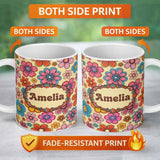 Personalized Custom Name Cute Multicolor Floral Bloom Warm Beige Seamless Pattern Name 11oz Ceramic Coffee Tea Mug White Large Handle