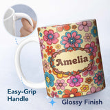 Personalized Custom Name Cute Multicolor Floral Bloom Warm Beige Seamless Pattern Name 11oz Ceramic Coffee Tea Mug White Large Handle