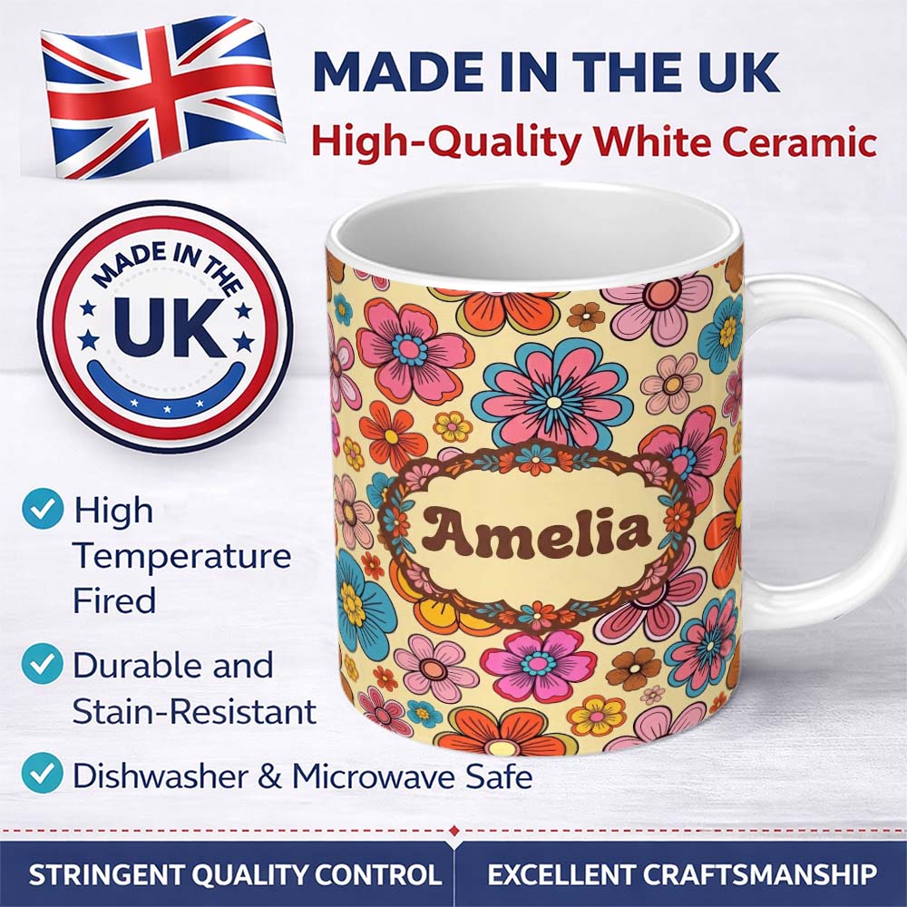 Personalized Custom Name Cute Multicolor Floral Bloom Warm Beige Seamless Pattern Name 11oz Ceramic Coffee Tea Mug White Large Handle