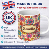 Personalized Custom Name Cute Multicolor Floral Bloom Warm Beige Seamless Pattern Name 11oz Ceramic Coffee Tea Mug White Large Handle