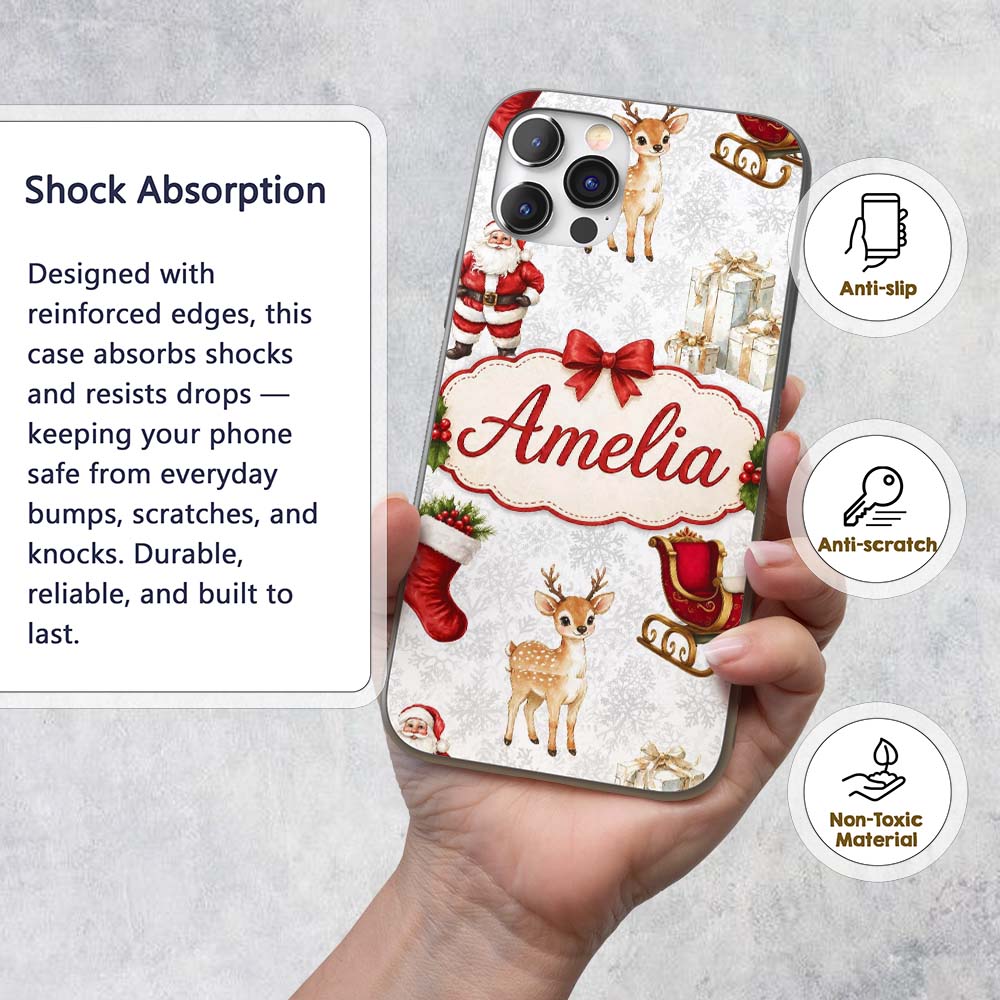 Cute Christmas Santa Reindeer Printed Design Custom Name Protective Phone Case Mobile Cover Durable Everyday Smartphone Shock Resistant