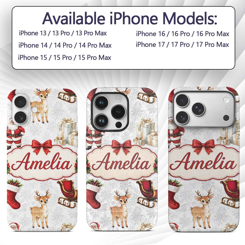Cute Christmas Santa Reindeer Printed Design Custom Name Protective Phone Case Mobile Cover Durable Everyday Smartphone Shock Resistant