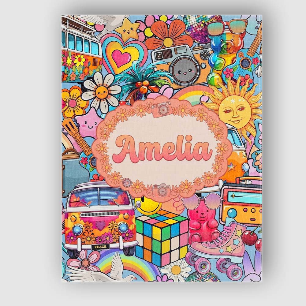 Personalised Name Hippie Van Rainbow Smiley Custom  Bespoke Interior Contemporary Canvas Wall Art Print Decor Picture Ready to Hang