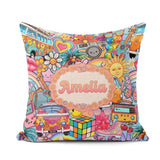 Custom Name Hippie Van Rainbow Music Collage Background Seamless Square Filled Cushion Throw Pillow Sofa Bed Home Decor Zip Washable UK Made