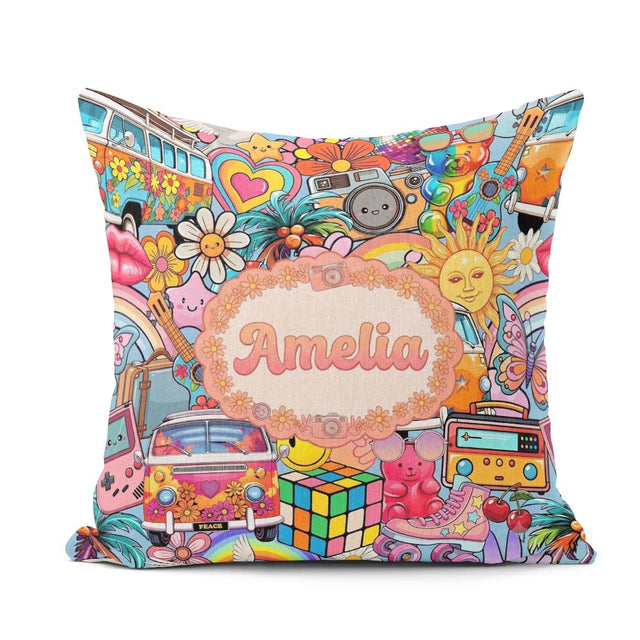 Custom Name Hippie Van Rainbow Music Collage Background Seamless Square Filled Cushion Throw Pillow Sofa Bed Home Decor Zip Washable UK Made