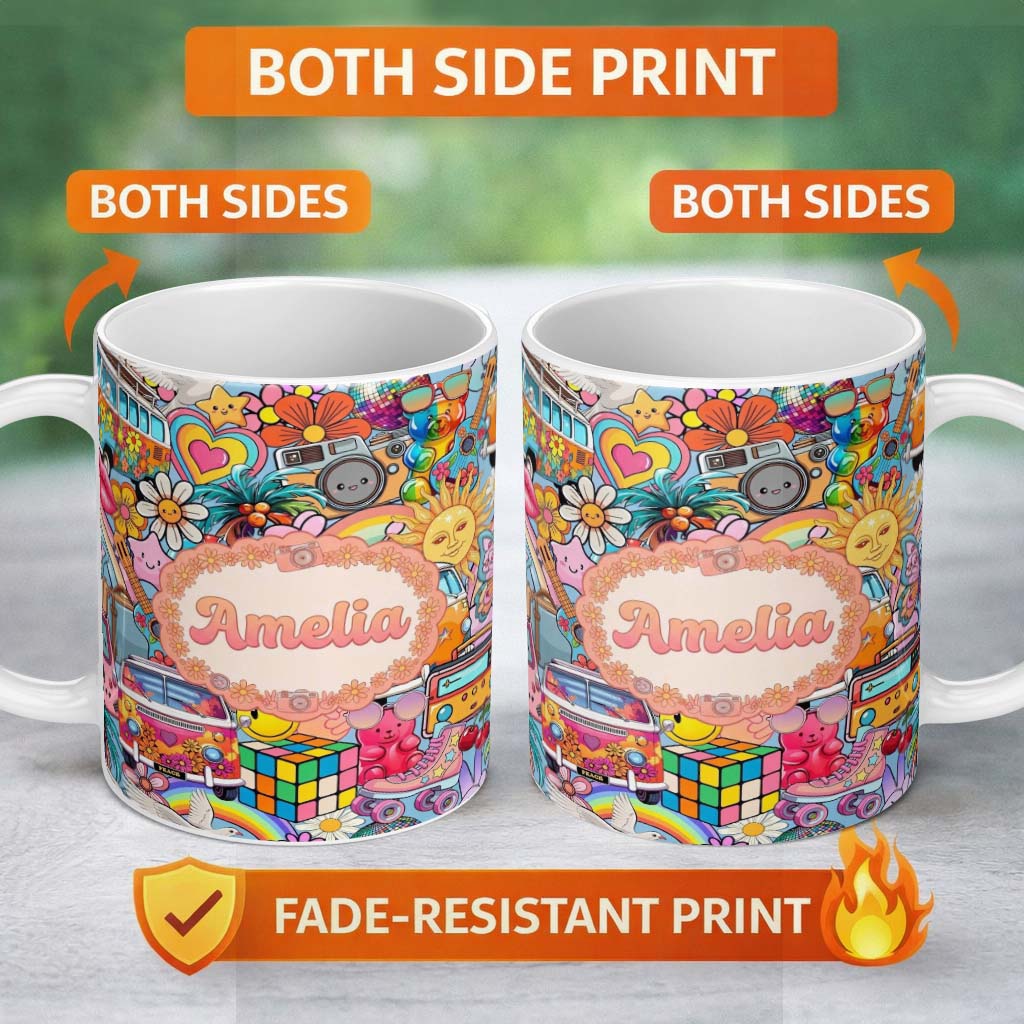 Personalized Custom Name Hippie Van Rainbow Smiley Music Collage Blue Background Seamless 11oz Ceramic Coffee Tea Mug White Large Handle