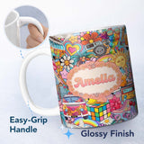 Personalized Custom Name Hippie Van Rainbow Smiley Music Collage Blue Background Seamless 11oz Ceramic Coffee Tea Mug White Large Handle