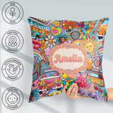Custom Name Hippie Van Rainbow Music Collage Background Seamless Square Filled Cushion Throw Pillow Sofa Bed Home Decor Zip Washable UK Made
