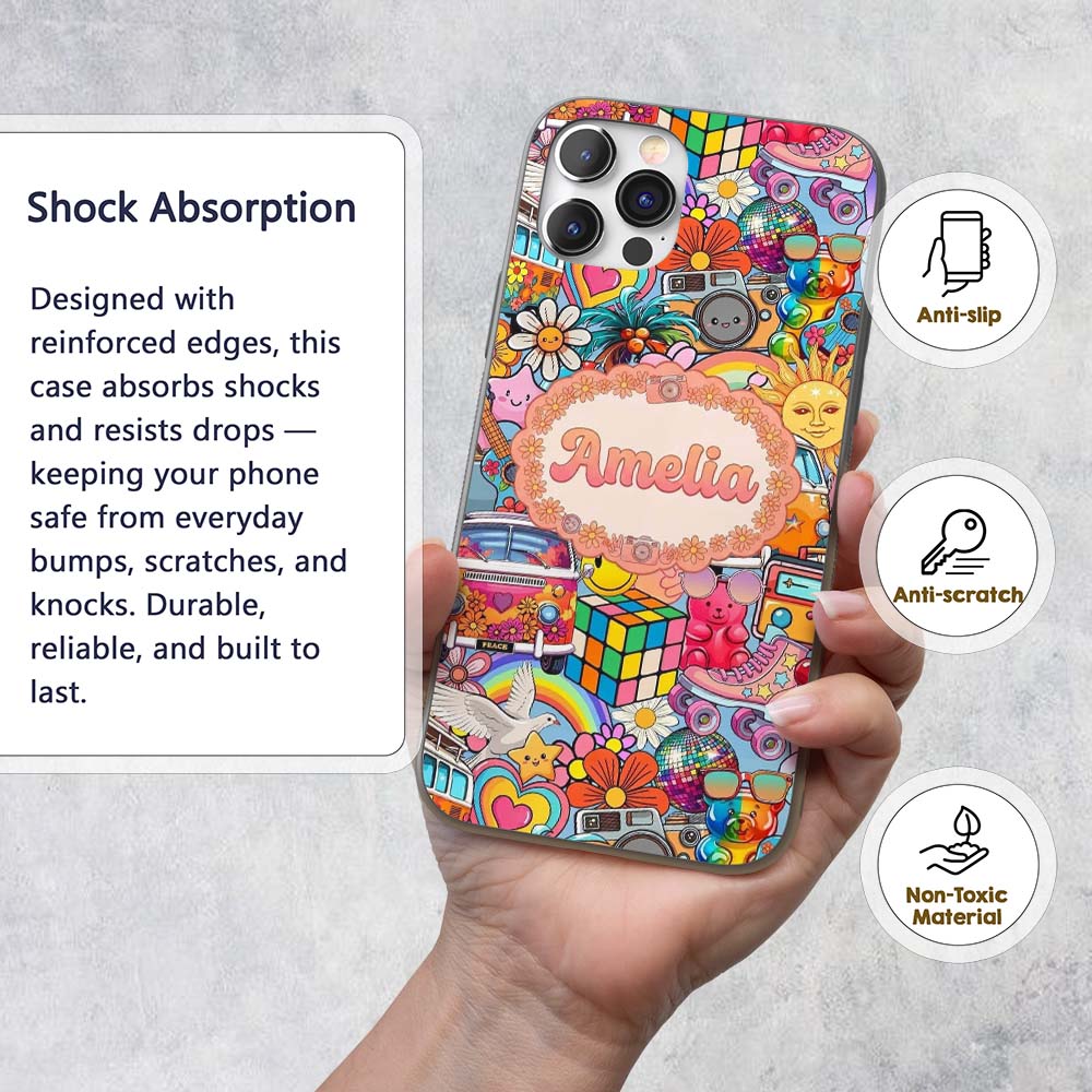 Hippie Van Rainbow Smiley Music Collage Blue Custom Name Protective Phone Case Mobile Cover Durable Everyday Smartphone Shock Resistant