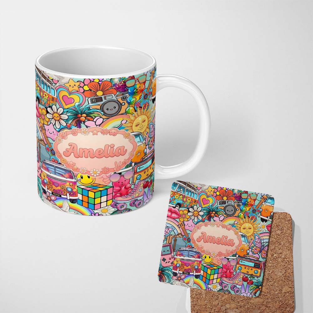 Personalized Custom Name Hippie Van Rainbow Smiley Music Collage Teal Background Seamless 11oz Ceramic Coffee Tea Mug White Large Handle