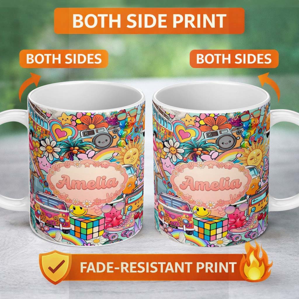 Personalized Custom Name Hippie Van Rainbow Smiley Music Collage Teal Background Seamless 11oz Ceramic Coffee Tea Mug White Large Handle