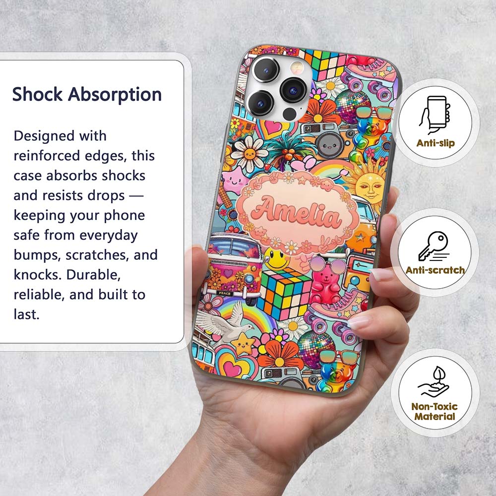 Hippie Van Rainbow Smiley Music Collage Teal Custom Name Protective Phone Case Mobile Cover Durable Everyday Smartphone Shock Resistant
