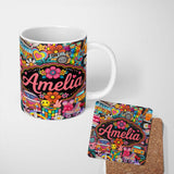 Personalized Custom Name Hippie Rainbow Smileys Music Collage Black Background Seamless 11oz Ceramic Coffee Tea Mug White Large Handle
