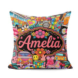 Custom Name Hippie Rainbow Smileys Music Collage Black Seamless Square Filled Cushion Throw Pillow Sofa Bed Home Decor Zip Washable UK Made