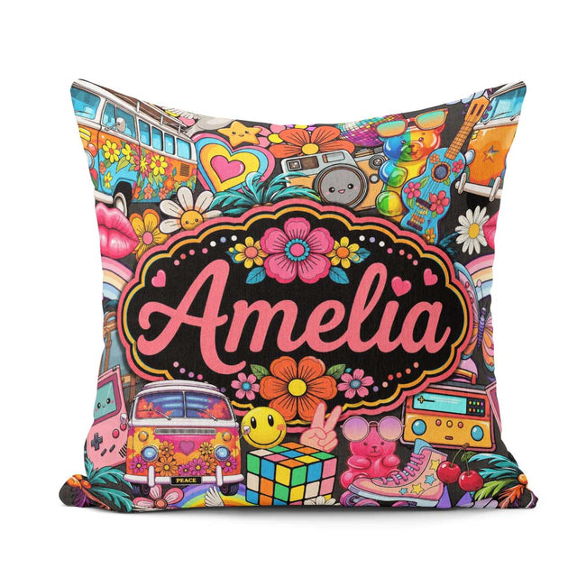 Custom Name Hippie Rainbow Smileys Music Collage Black Seamless Square Filled Cushion Throw Pillow Sofa Bed Home Decor Zip Washable UK Made