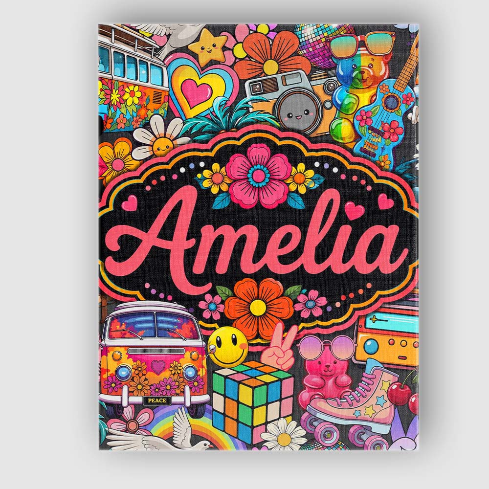 Personalised Name Hippie Rainbow Smileys Custom  Unique Gift Idea Elegant Feature Canvas Wall Art Print Decor Picture Ready to Hang