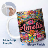 Personalized Custom Name Hippie Rainbow Smileys Music Collage Black Background Seamless 11oz Ceramic Coffee Tea Mug White Large Handle