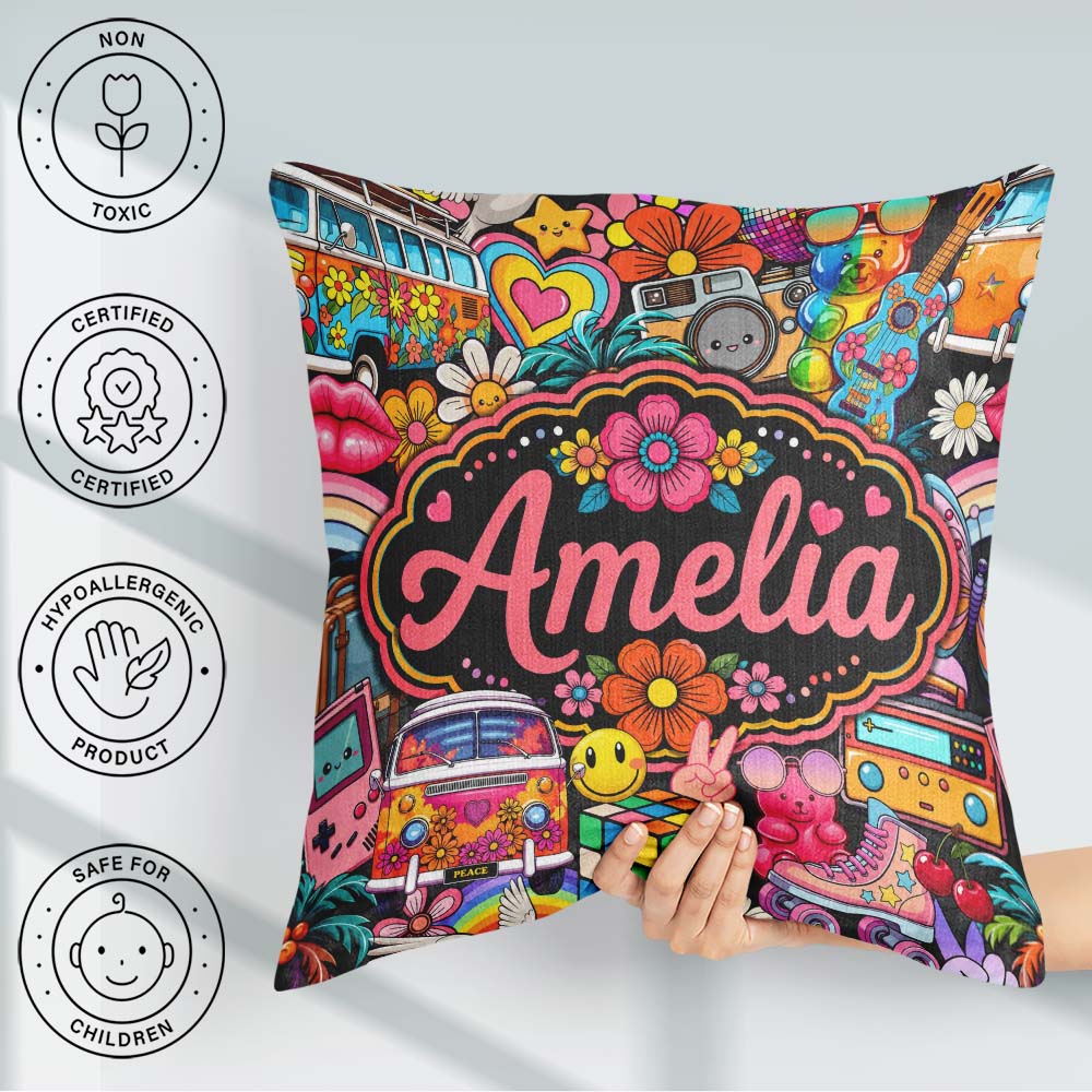 Custom Name Hippie Rainbow Smileys Music Collage Black Seamless Square Filled Cushion Throw Pillow Sofa Bed Home Decor Zip Washable UK Made