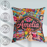 Custom Name Hippie Rainbow Smileys Music Collage Black Seamless Square Filled Cushion Throw Pillow Sofa Bed Home Decor Zip Washable UK Made